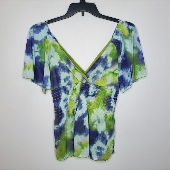 Cha Vente M Tie Dye Top Green Blue Boho V Neck - Picture 3 of 10
